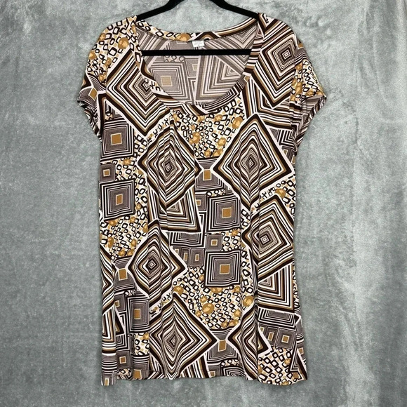 Lia Lee 2X Shirt Top Brown Geometric Cap Short Sleeve Scoop Neck Stretch Womens - Picture 1 of 5